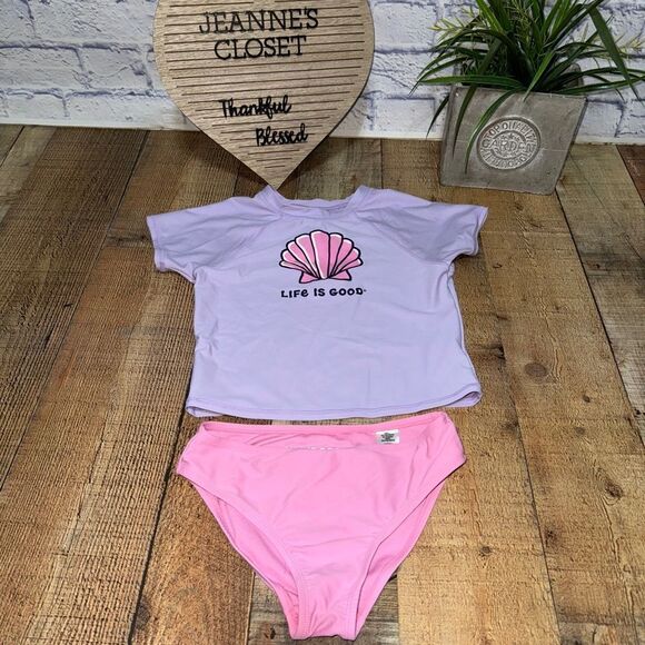 Girls Life Is Good Swimsuit Size 10 2 Piece Rash Guard Short Sleeve And Bottom - Picture 6 of 8
